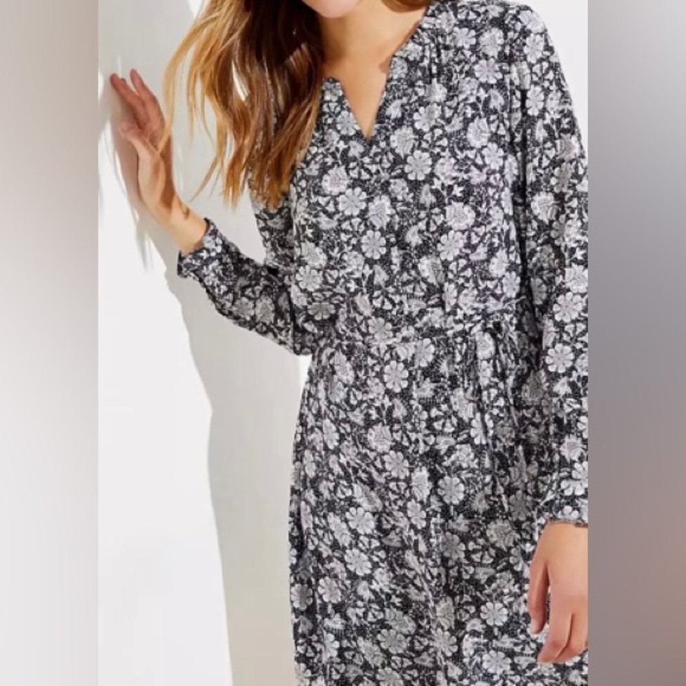 LOFT Floral Ruffle Cuff Tie Waist Dress